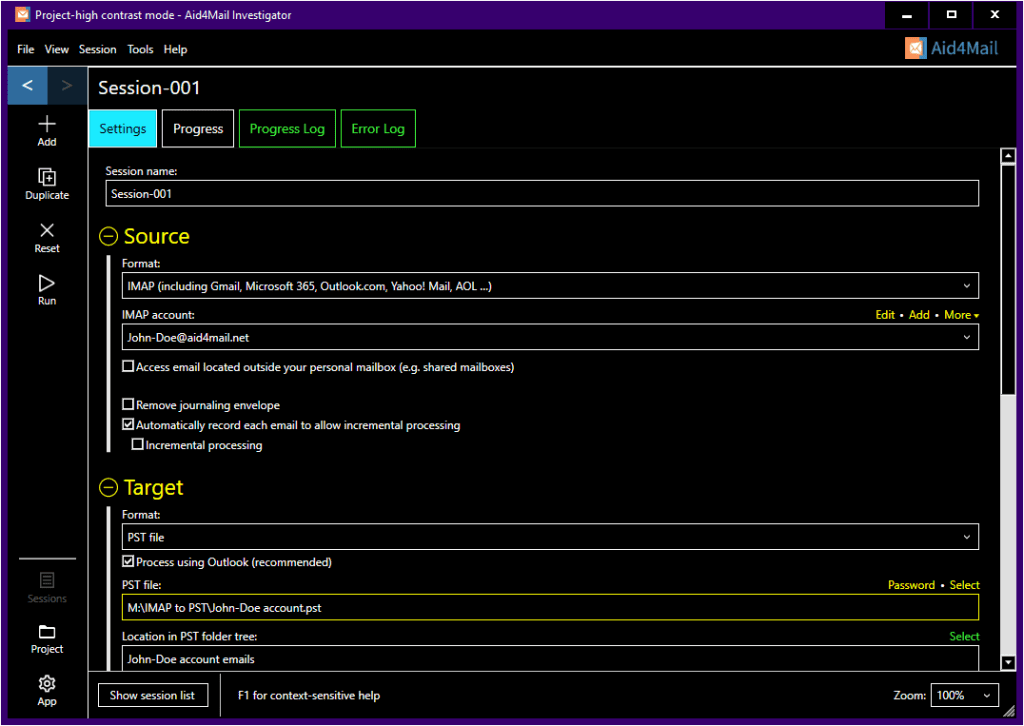 Aid4Mail’s user-interface displayed under high-contrast mode.